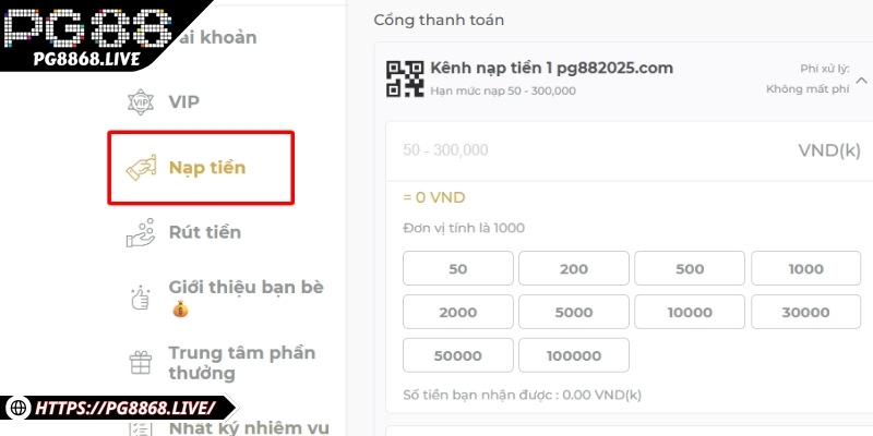 Các bước chi tiết để nạp tiền PG88